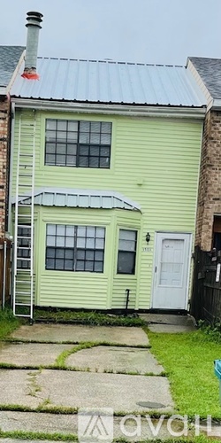 A green house with a white door and a grey roof.