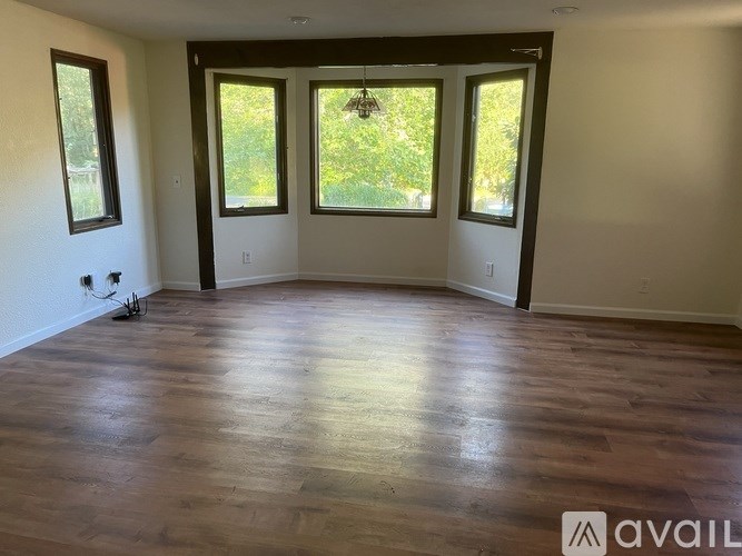 A room with wooden flooring and three windows.
