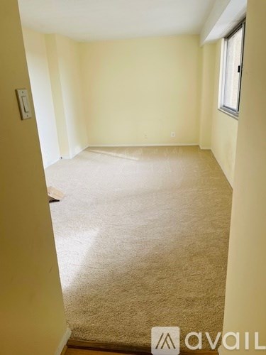 A carpeted room with a window and a light switch on the wall.