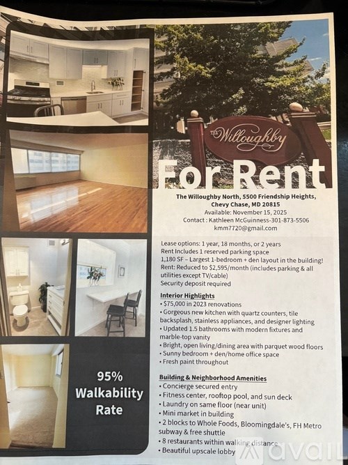 A flyer for a rental property at Willoughby North, 5500 Friendship Heights, Chevy Chase, MD 20815.