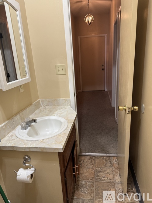 A bathroom with a sink and a door.
