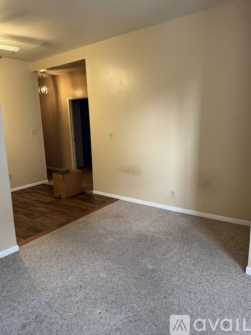 A room with a carpeted floor and a doorway leading to another room.