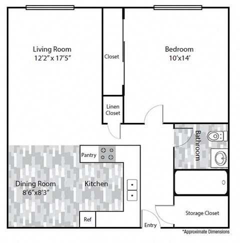 Our 1 bedroom, 1 bathroom Large Apartment Floor Plan at Peak 54 Apartments in Denver, Colorado