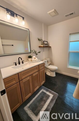 A bathroom with a toilet, sink, mirror, and a rug on the floor.