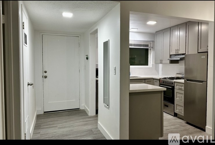 A kitchen with a white door and a countertop.