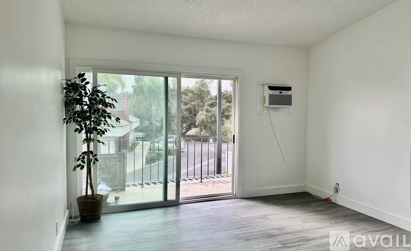 A room with a plant, sliding glass doors, and a white wall.