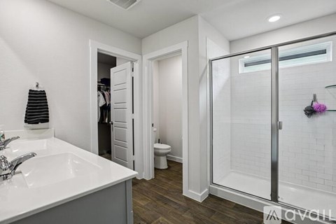 A bathroom with a walk-in shower and a white sink.