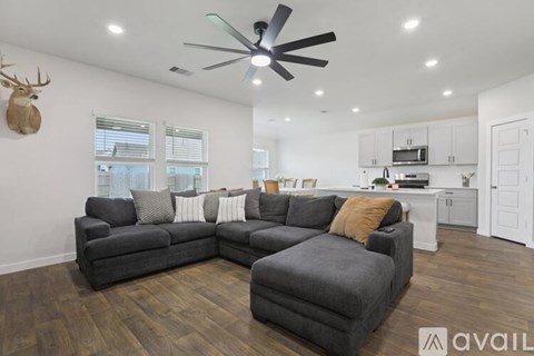 A living room with a grey sofa and a deer head on the wall.