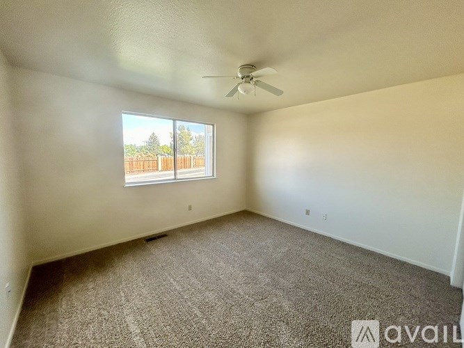 A room with a carpeted floor, a ceiling fan, and a window showing an outdoor view.