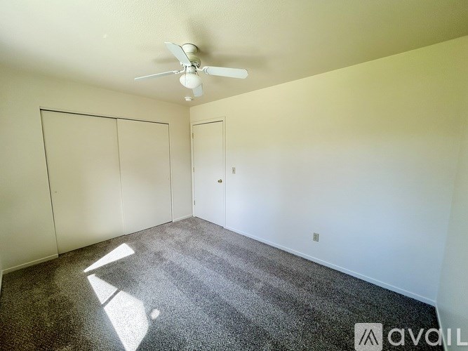 A room with a ceiling fan and carpeted floor.