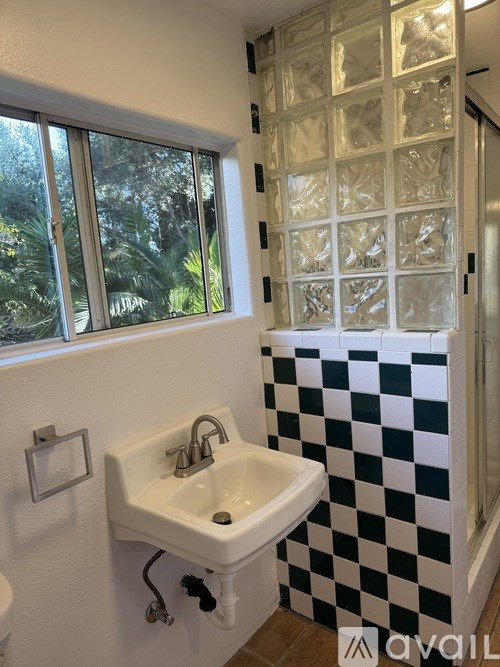 A bathroom with a checkered tile wall and a window.