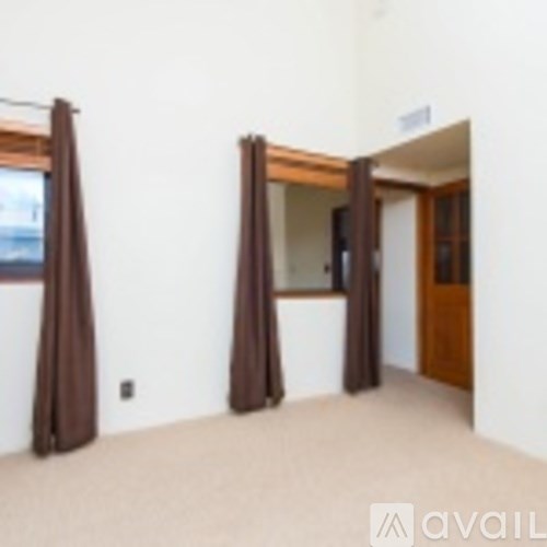 A room with brown curtains and a carpet.