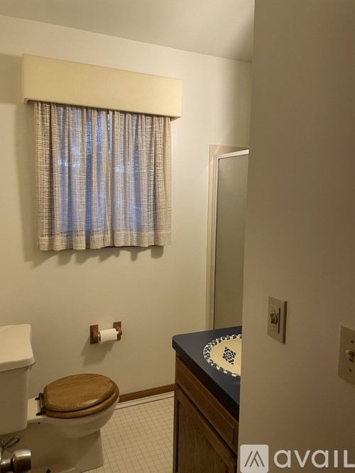 A bathroom with a toilet, sink, and a window with a curtain.