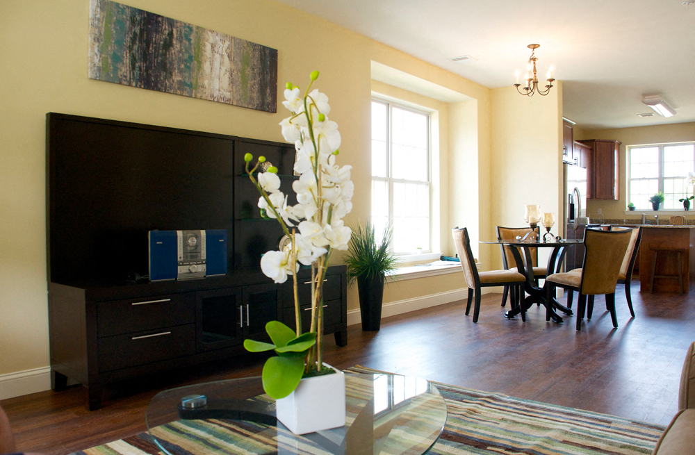 a living room and dining room with a table and a television