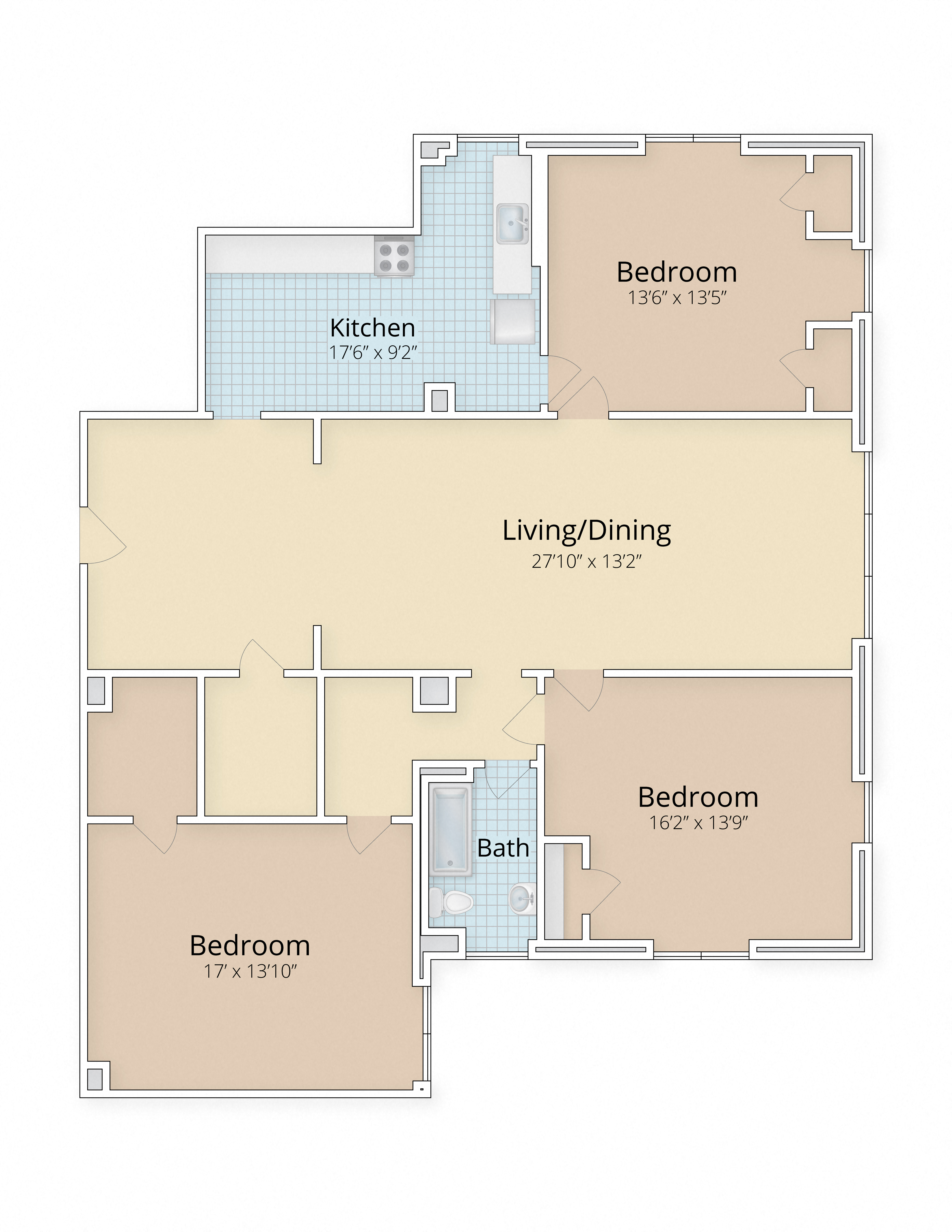 Three bedroom floor plan at Cathedral Mansions, Washington, Washington