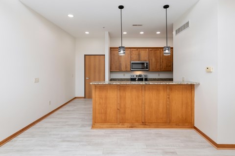 A kitchen with wooden cabinets and a marble countertop.