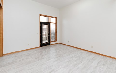 A room with a wooden floor and a door with a window.