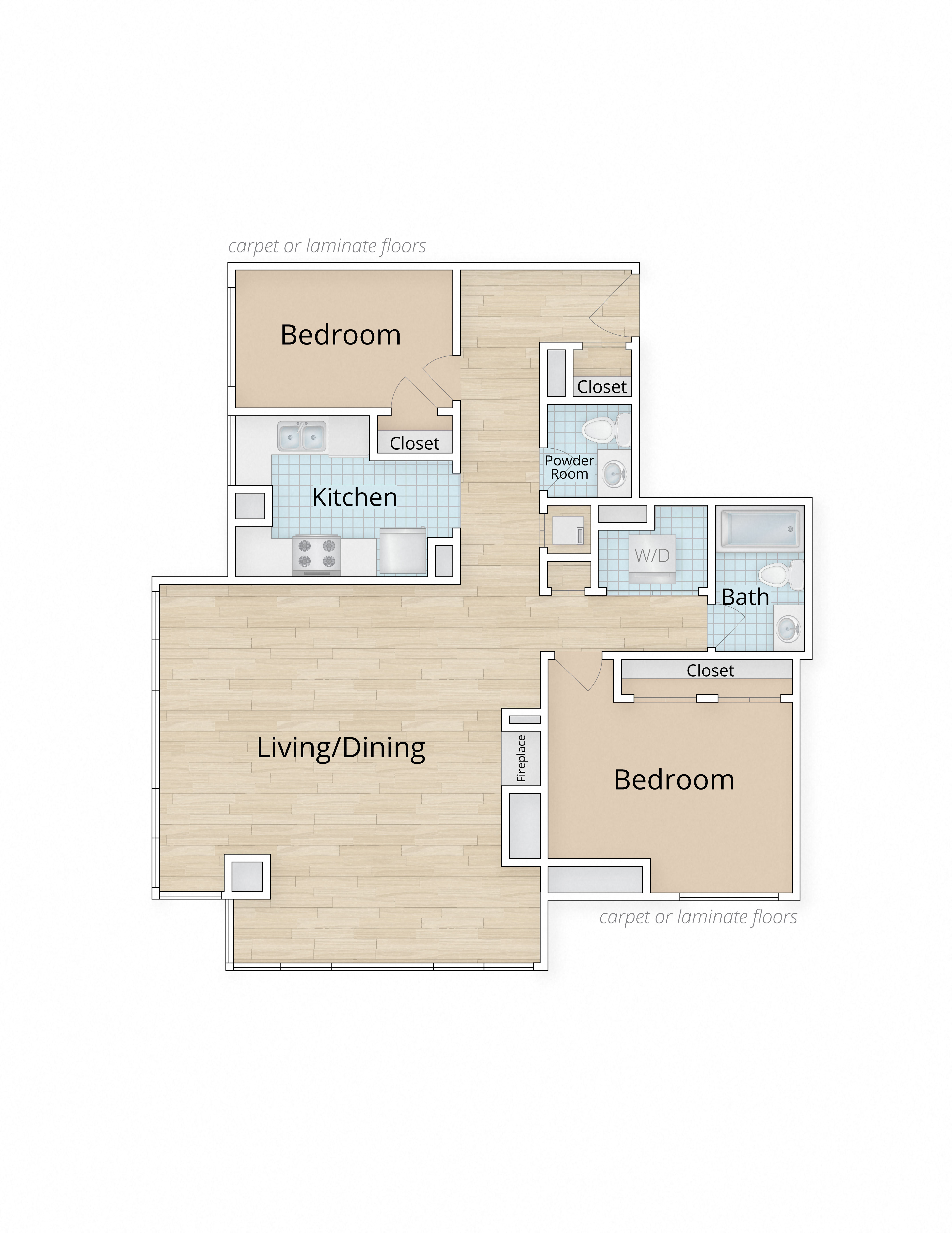 1633 Q Apartments Washington DC Two Bedroom One and a Half Bath Floor Plan