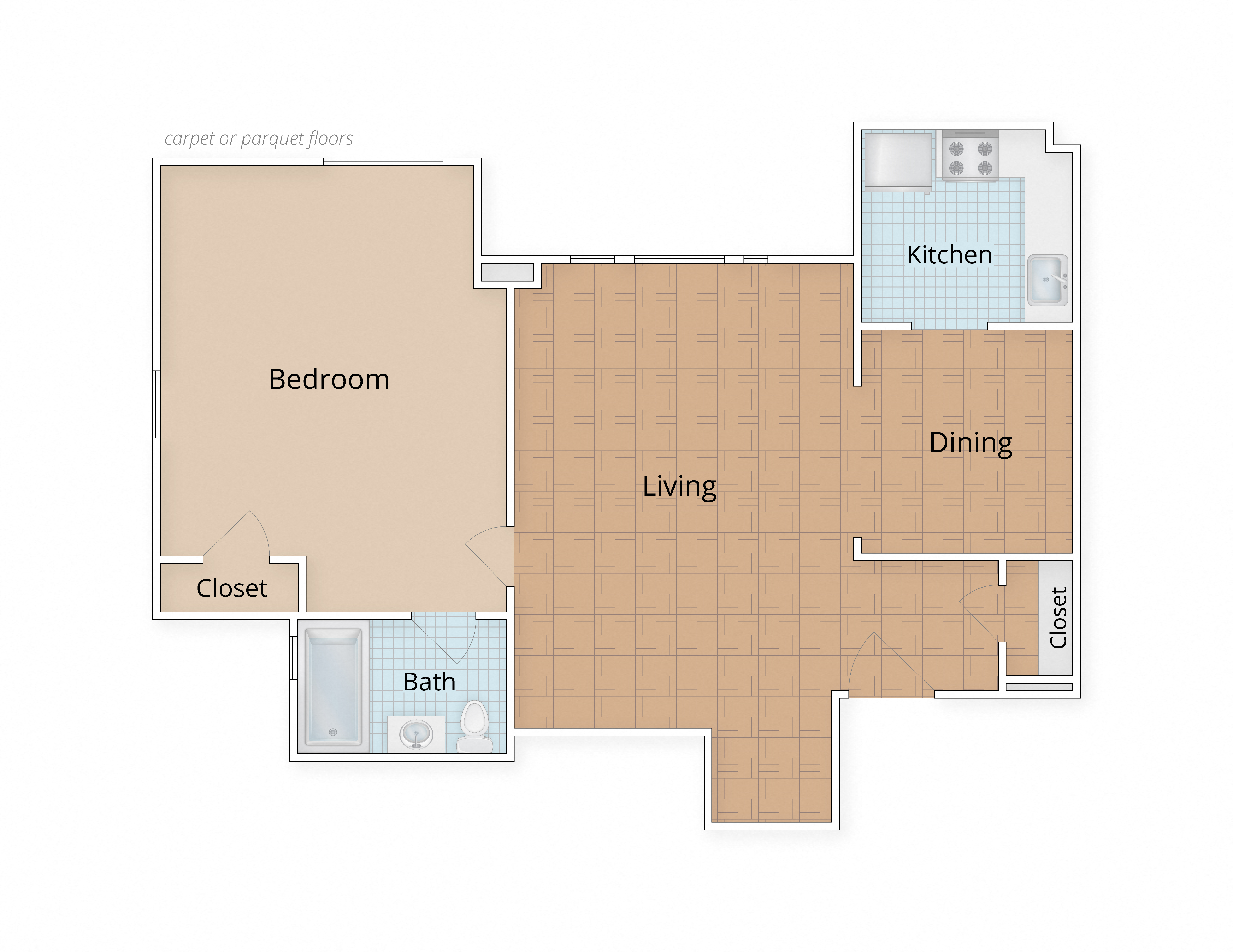 One Bedroom Floor Plan at Connecticut Gardens, Washington, 20009