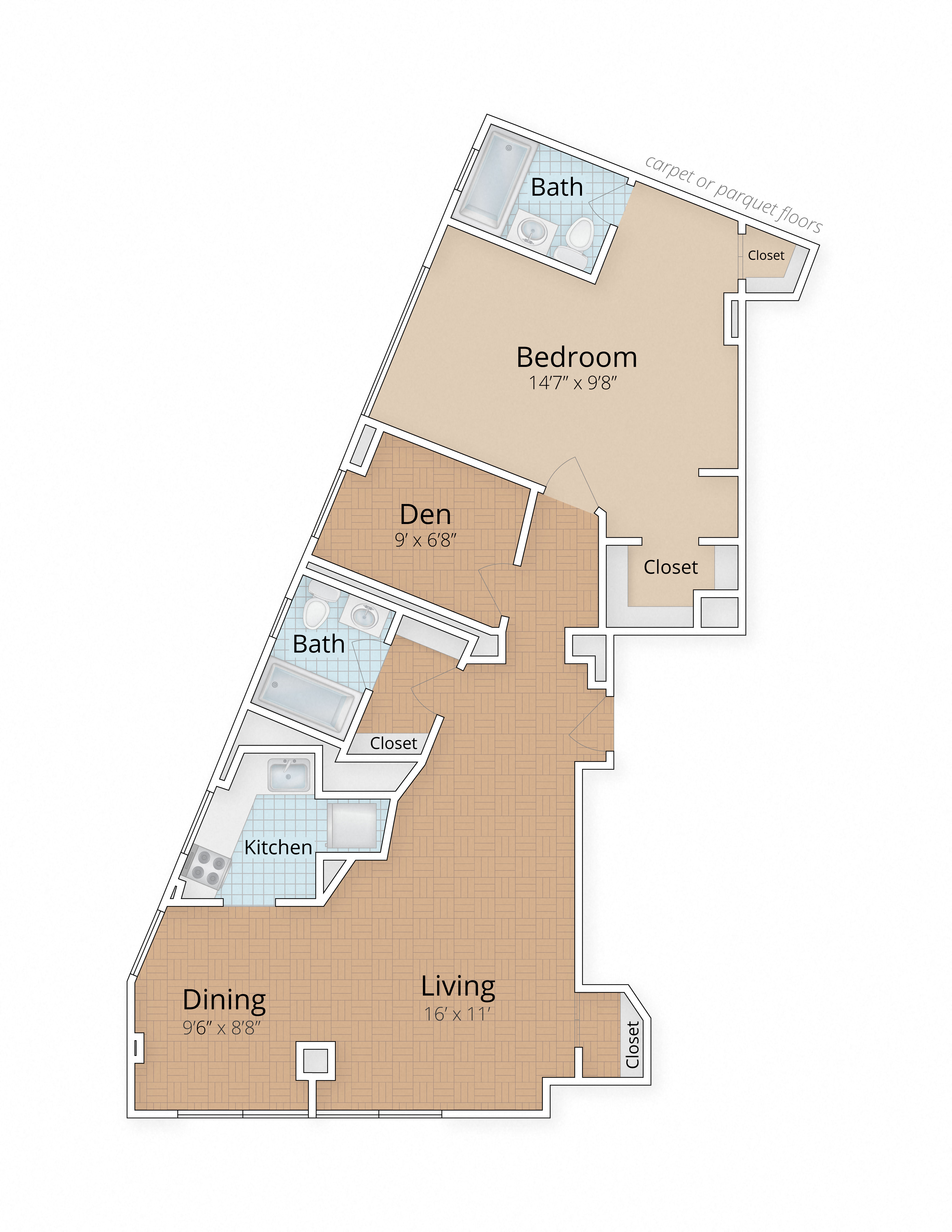 One Bedroom Two Bath Den Floor Plan at Diplomat Apartments Washington DC 20009