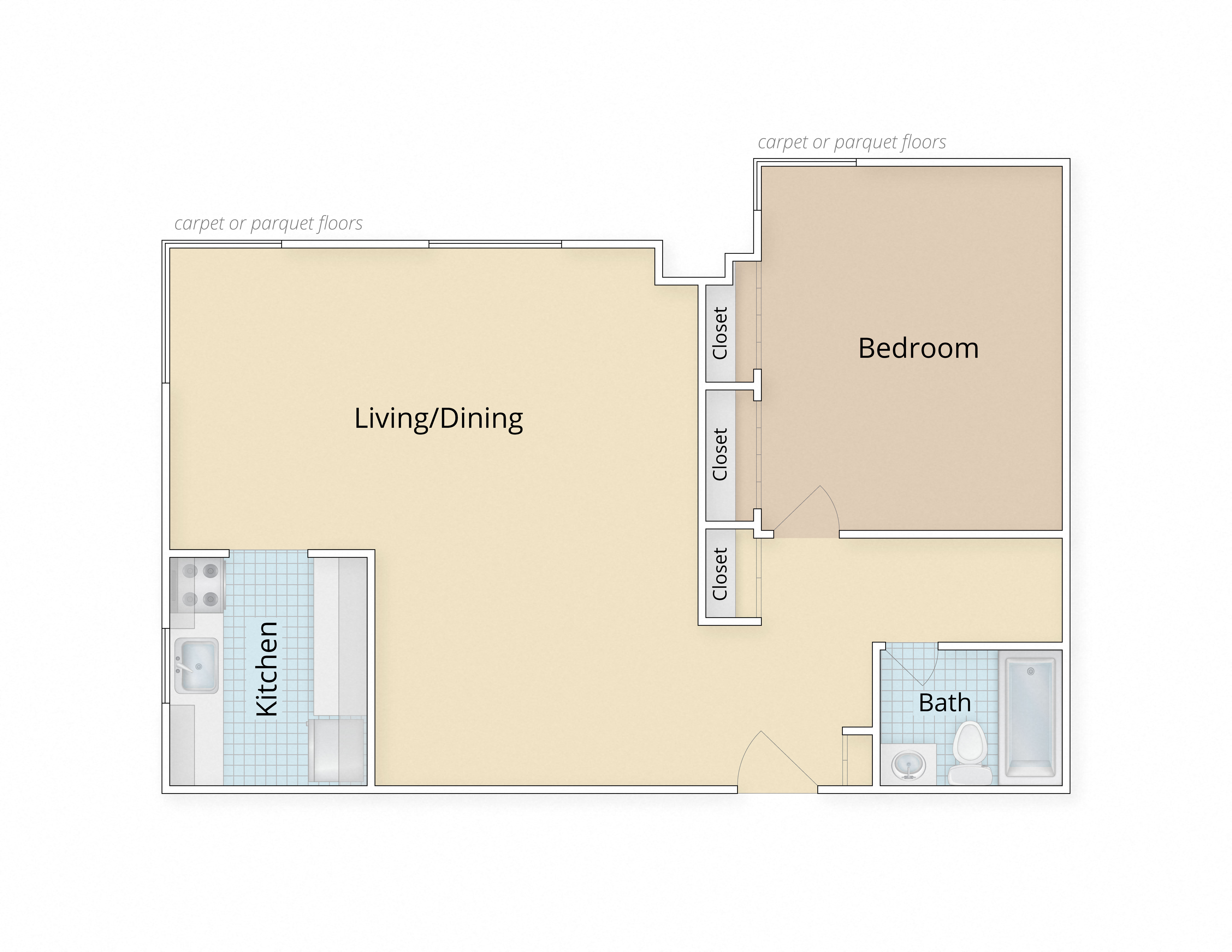 One Bedroom Floor Plan at Legation House in Washington, DC 20015