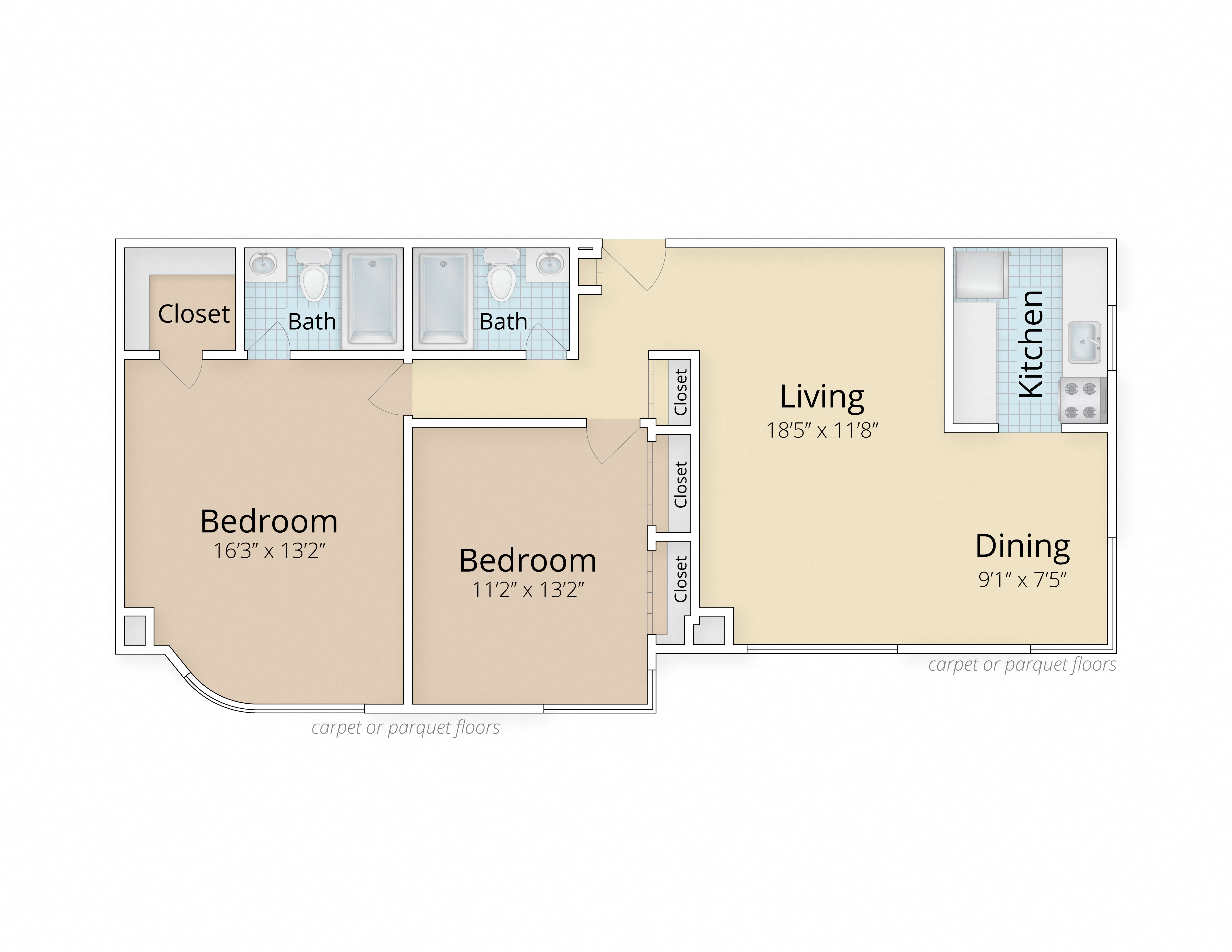 Two Bedroom Two Bath Floor Plan  at Legation House in Washington, DC 20015