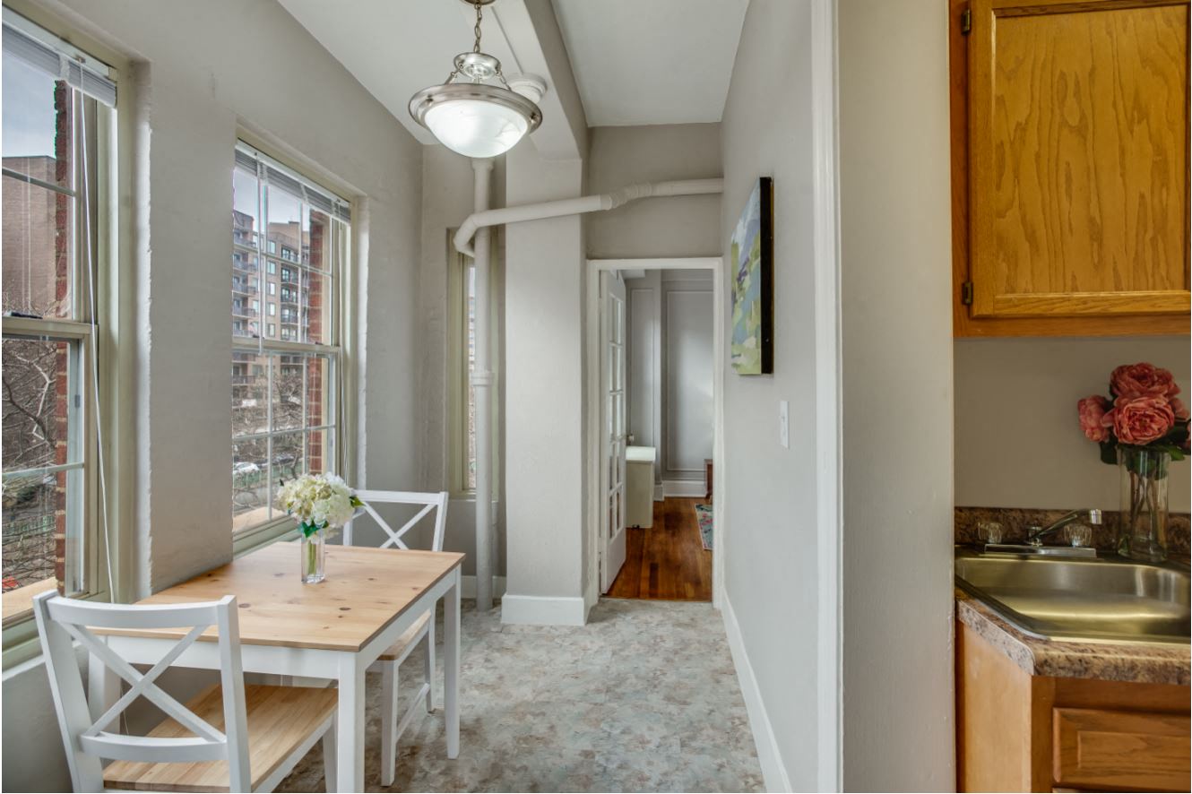 One-bedroom dining area (staged) at Belvedere, Washington