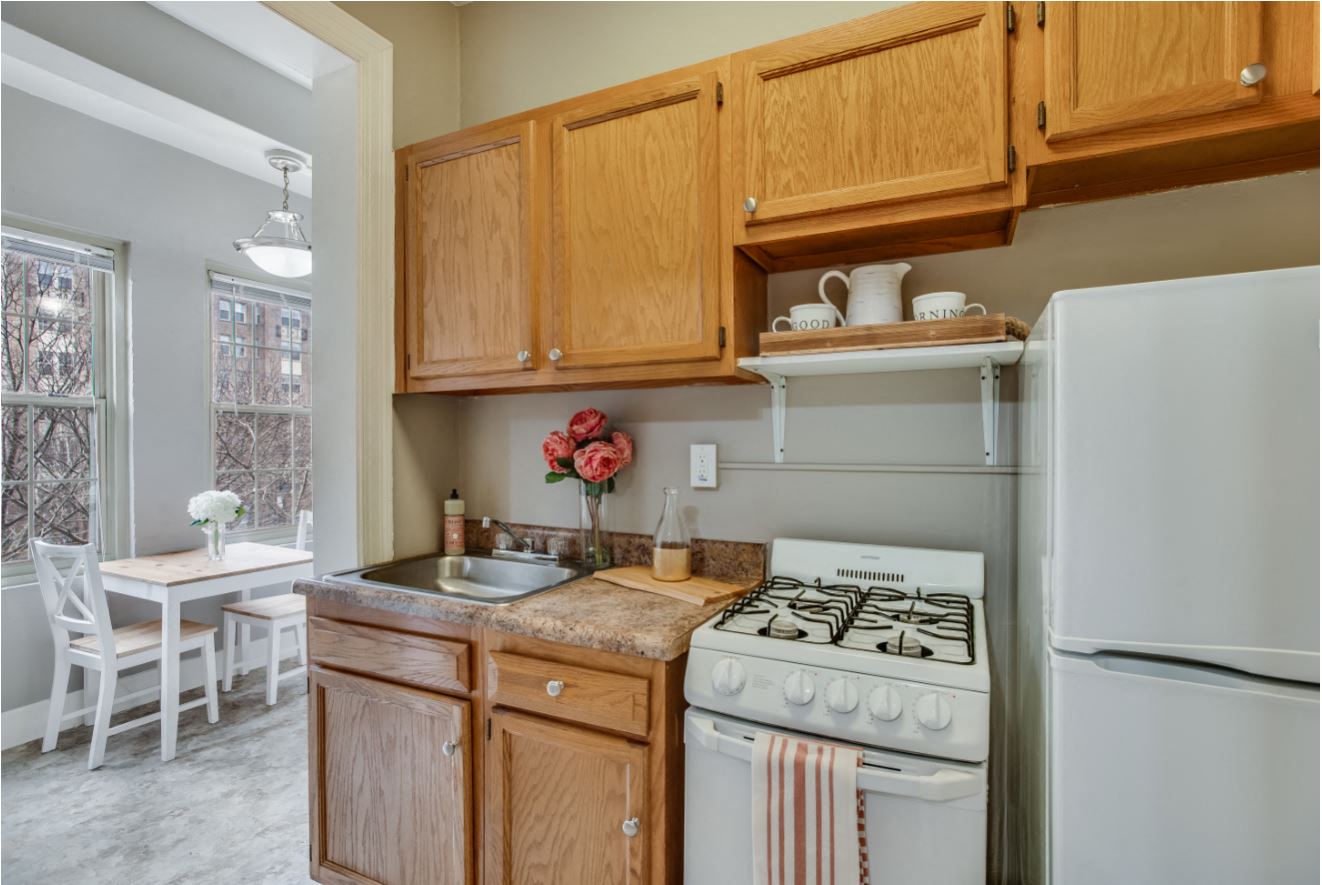 Classic one-bedroom kitchen (staged) at Belvedere, Washington, 20005