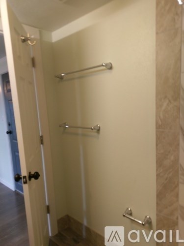 A bathroom with a walk in shower and a door.