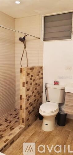 A bathroom with a toilet, a shower, and a tiled wall.