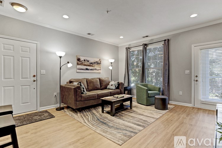 A living room with a brown couch, a green armchair, and a rug.