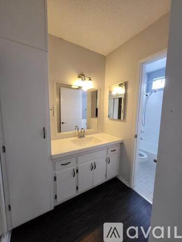 A bathroom with a sink, mirror, and cabinets.