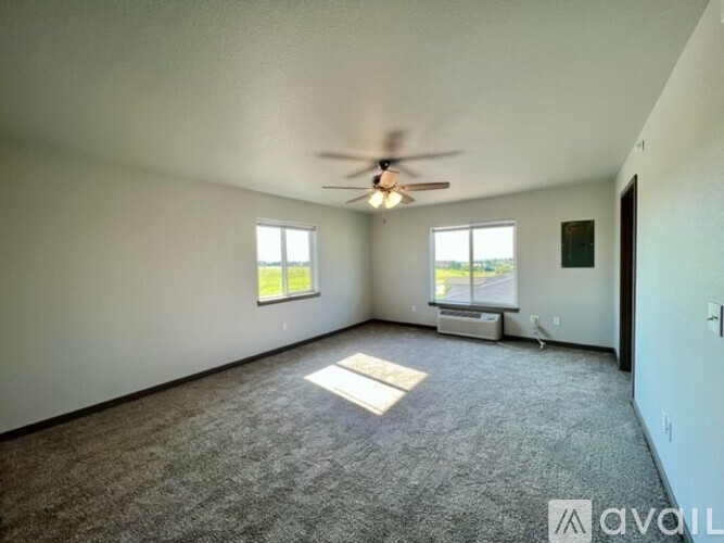 A spacious room with a ceiling fan and two windows.