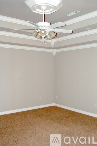 A room with a ceiling fan and carpeted floor.