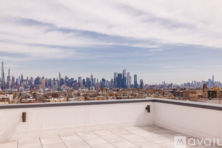A rooftop with a city skyline in the distance.