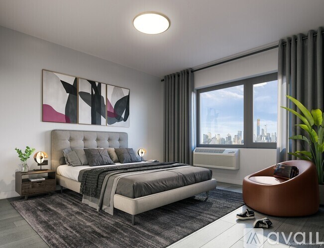 A modern bedroom with a large bed and a city view through the window.