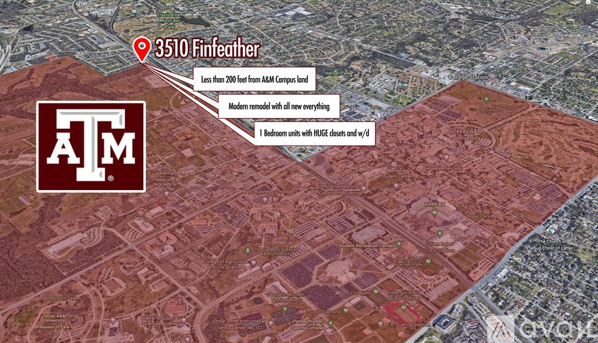 A map shows a location labeled 3510 Finfeather, which is less than 200 feet from an A&M Campus land.