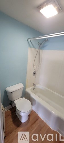 A bathroom with a toilet, tub, and shower.
