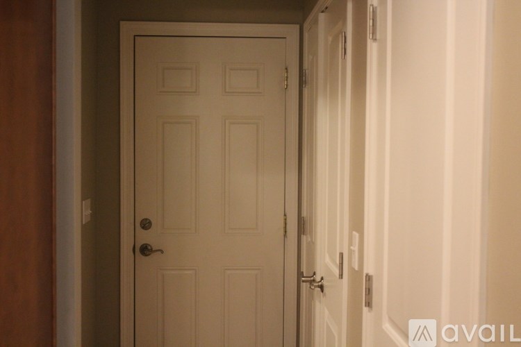 A white door with a silver handle is in a hallway.