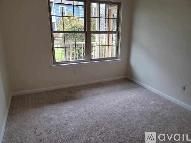 A room with a carpeted floor and a window overlooking a green area.