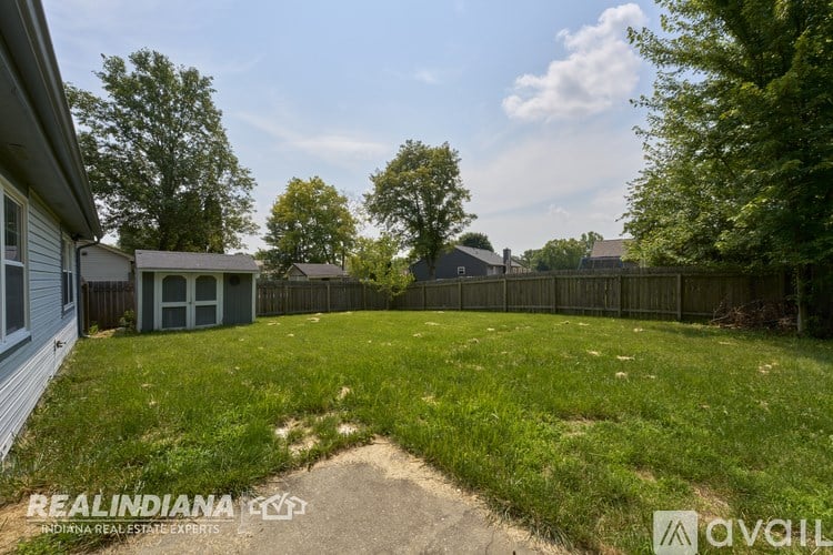 A backyard with a fence and a small tree.
