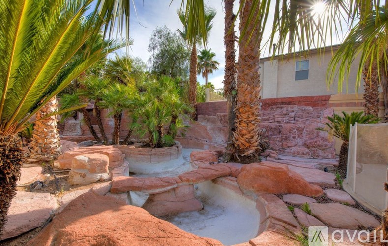 A rocky outdoor area with a pool and palm trees.
