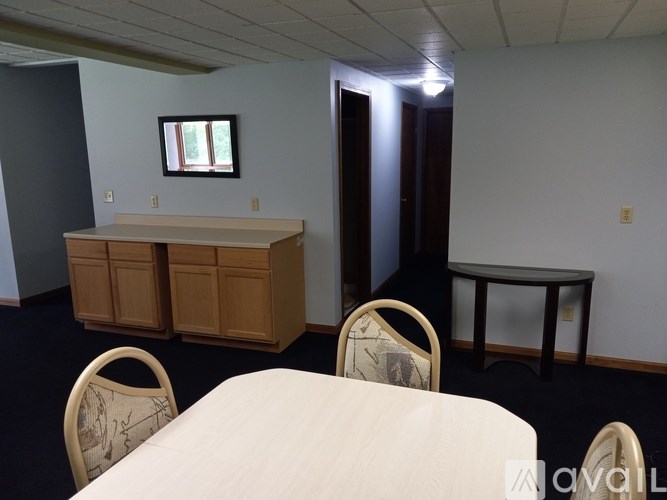 A room with a table, chairs and a cabinet.