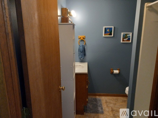 A small bathroom with a toilet and a cabinet.