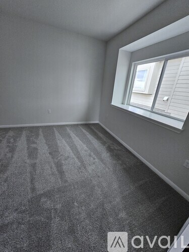 A room with a carpeted floor and a window with blinds.