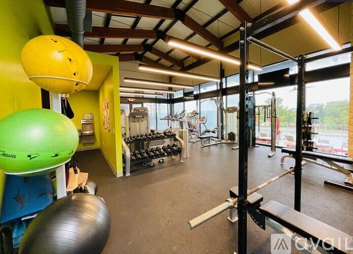 A gym with a green and yellow wall and a variety of equipment.