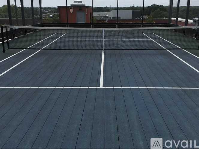 A tennis court with a net and two service boxes.