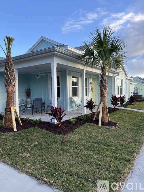 A house with a blue exterior and a white roof with a palm tree in front.