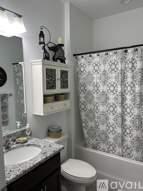 A bathroom with a toilet, sink, and shower curtain.