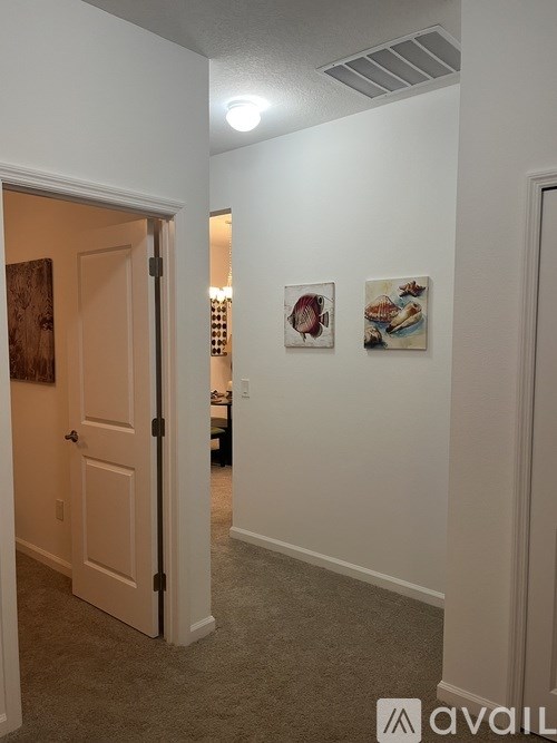 A hallway with a door on the left and two pictures on the wall.